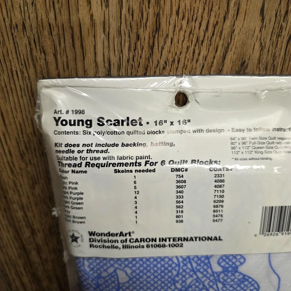 Vintage WonderArt Young Scarlet Quilt Blocks Kit 6 Stamped 16x16 Patchwork